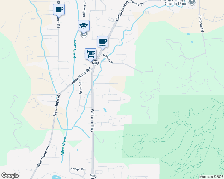 map of restaurants, bars, coffee shops, grocery stores, and more near 2709 Williams Hwy in Grants Pass