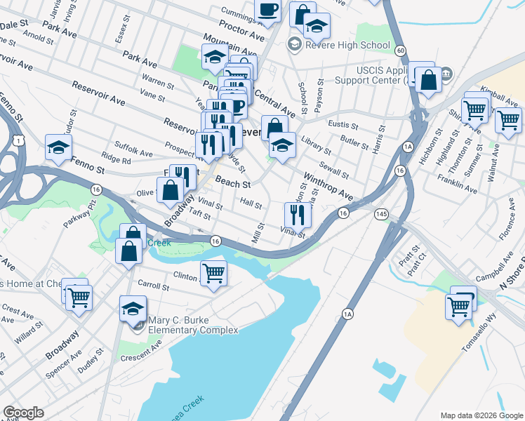 map of restaurants, bars, coffee shops, grocery stores, and more near 41 Hall Street in Revere