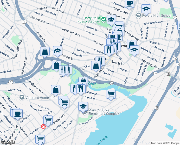 map of restaurants, bars, coffee shops, grocery stores, and more near 917 Revere Beach Parkway in Revere
