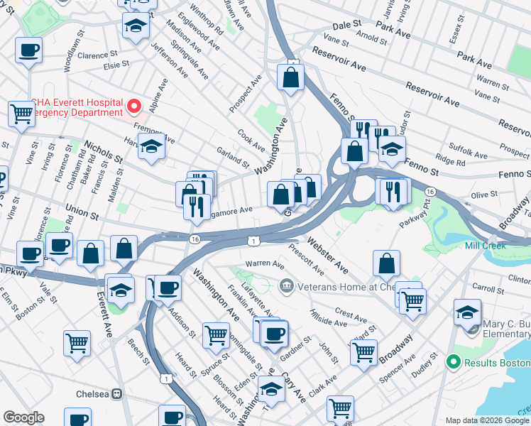 map of restaurants, bars, coffee shops, grocery stores, and more near 6 Jones Avenue in Chelsea