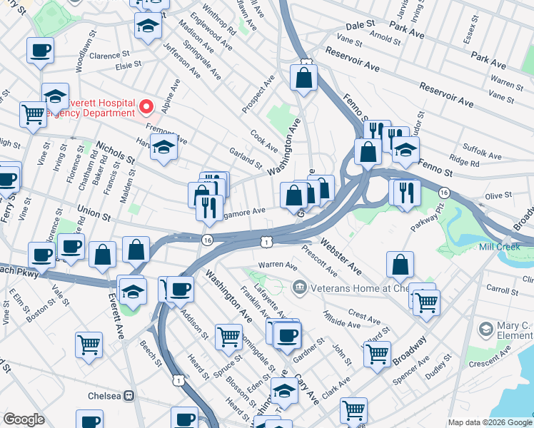 map of restaurants, bars, coffee shops, grocery stores, and more near 89 Sagamore Avenue in Chelsea