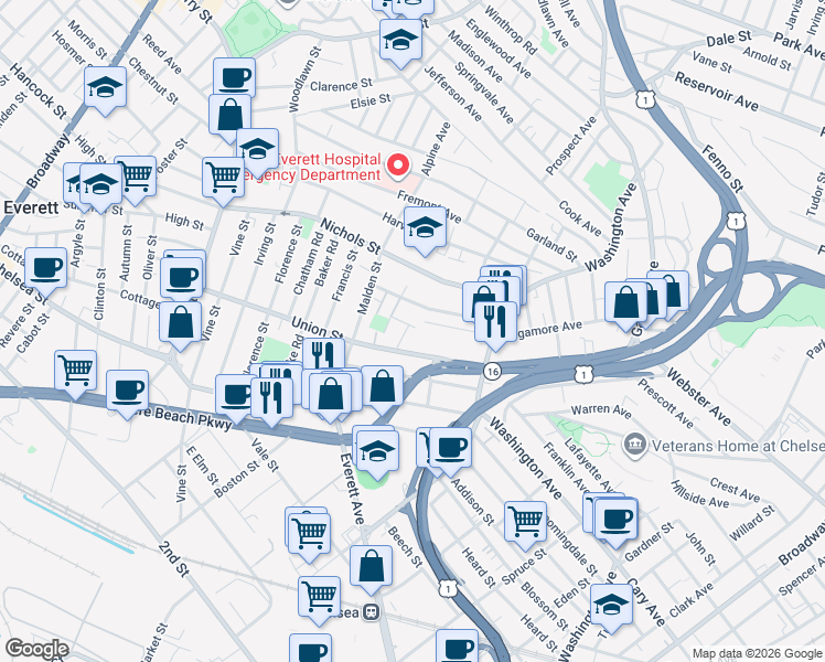 map of restaurants, bars, coffee shops, grocery stores, and more near 60 Lash Street in Chelsea