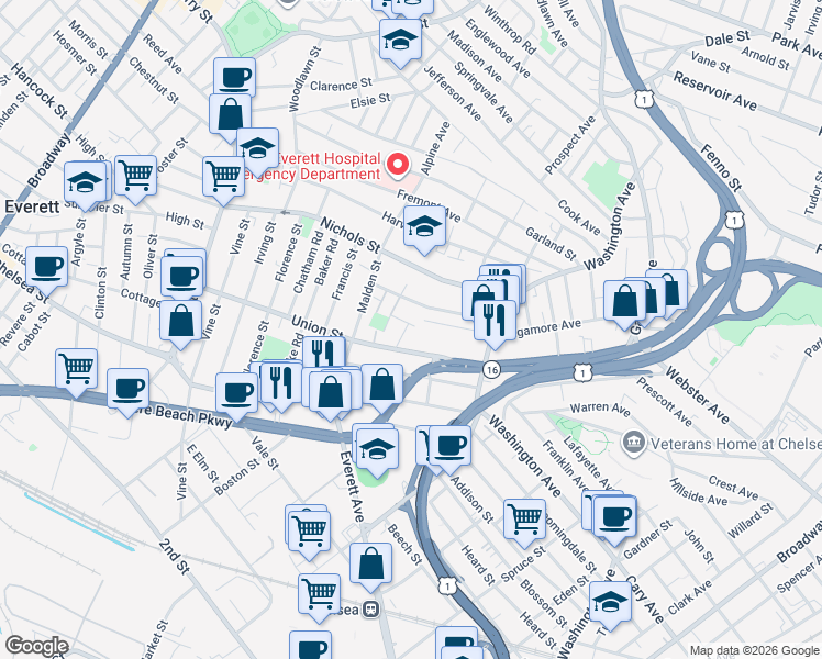 map of restaurants, bars, coffee shops, grocery stores, and more near 60 Lash Street in Chelsea