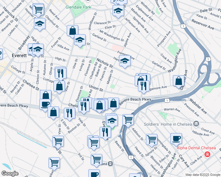 map of restaurants, bars, coffee shops, grocery stores, and more near 21 Hoyt Street in Everett