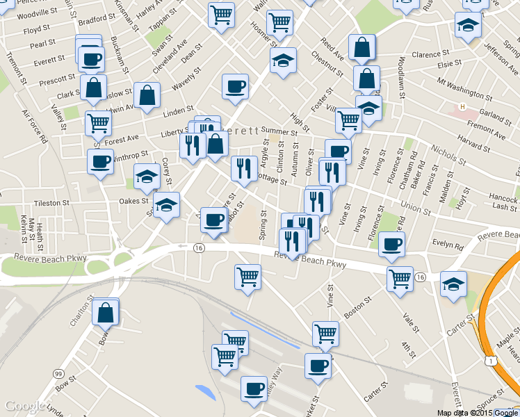 map of restaurants, bars, coffee shops, grocery stores, and more near 3 Spring Street in Everett