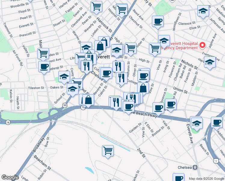 map of restaurants, bars, coffee shops, grocery stores, and more near 3 Spring Street in Everett