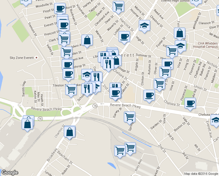 map of restaurants, bars, coffee shops, grocery stores, and more near 11 Cazenove Place in Everett