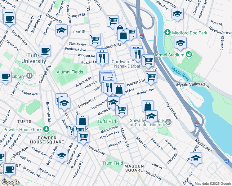 map of restaurants, bars, coffee shops, grocery stores, and more near 371 Main Street in Medford