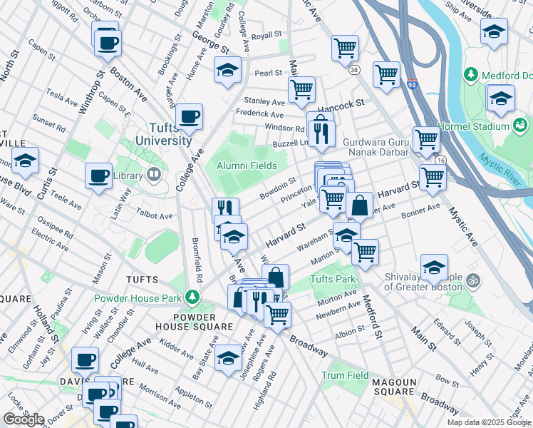 map of restaurants, bars, coffee shops, grocery stores, and more near 102 Princeton Street in Medford