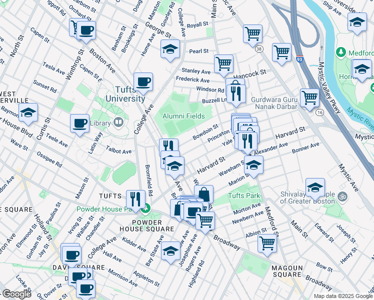 map of restaurants, bars, coffee shops, grocery stores, and more near 136 Bowdoin Street in Medford