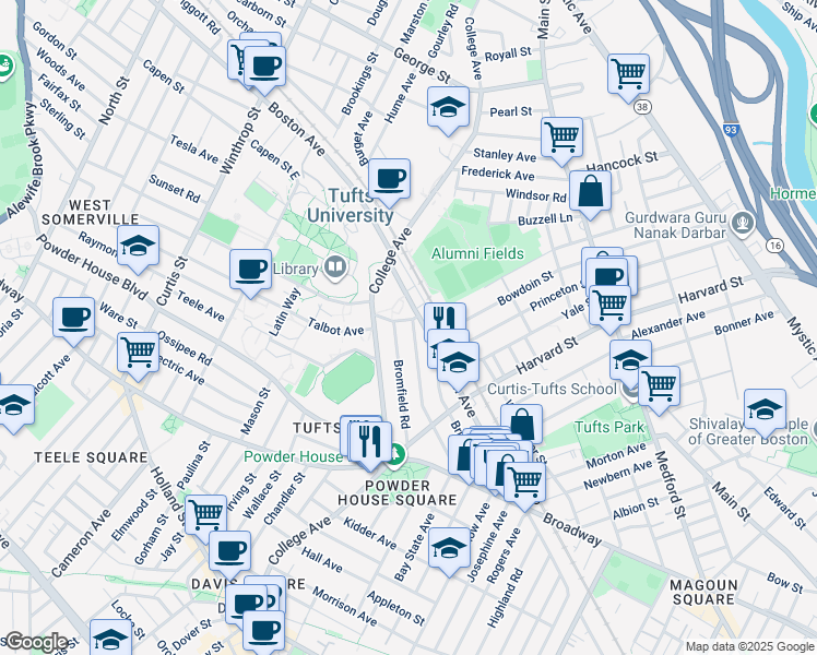 map of restaurants, bars, coffee shops, grocery stores, and more near 16 Dearborn Road in Somerville