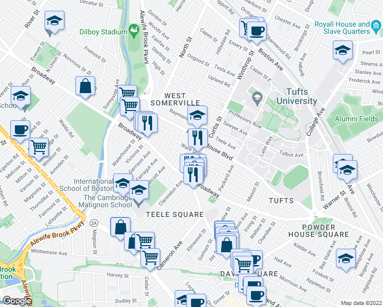 map of restaurants, bars, coffee shops, grocery stores, and more near in Somerville
