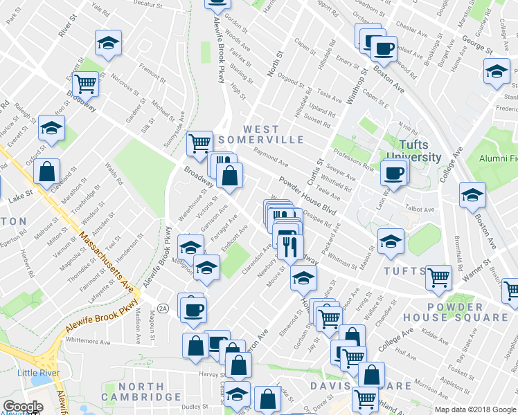 map of restaurants, bars, coffee shops, grocery stores, and more near 42 Fairmount Avenue in Somerville