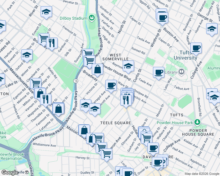 map of restaurants, bars, coffee shops, grocery stores, and more near 1249 Broadway in Somerville