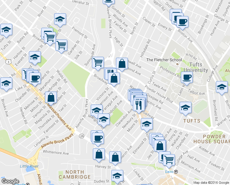 map of restaurants, bars, coffee shops, grocery stores, and more near 1249 Broadway in Somerville