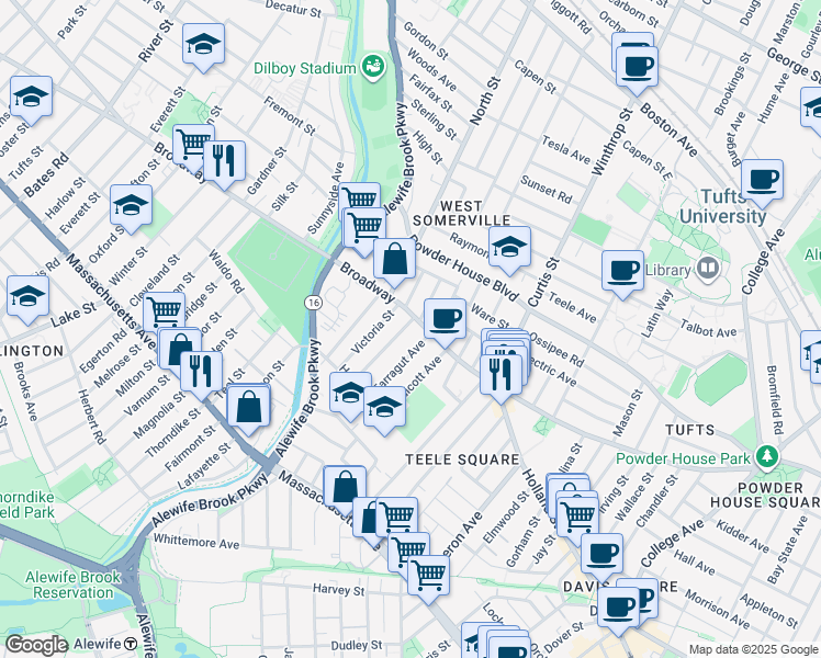 map of restaurants, bars, coffee shops, grocery stores, and more near 1249 Broadway in Somerville