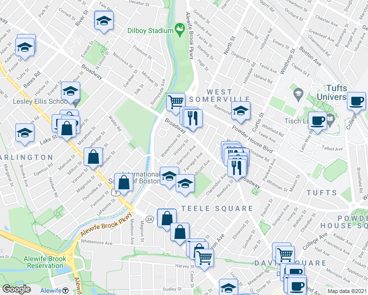 map of restaurants, bars, coffee shops, grocery stores, and more near 18 Victoria Street in Somerville