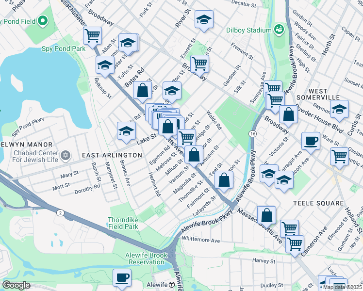map of restaurants, bars, coffee shops, grocery stores, and more near 155 Massachusetts Avenue in Arlington