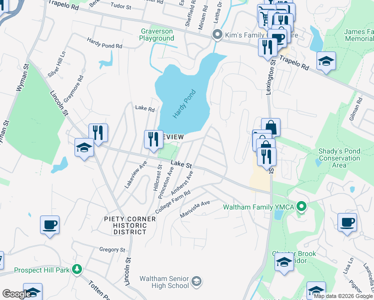 map of restaurants, bars, coffee shops, grocery stores, and more near 10 Bowdoin Avenue in Waltham