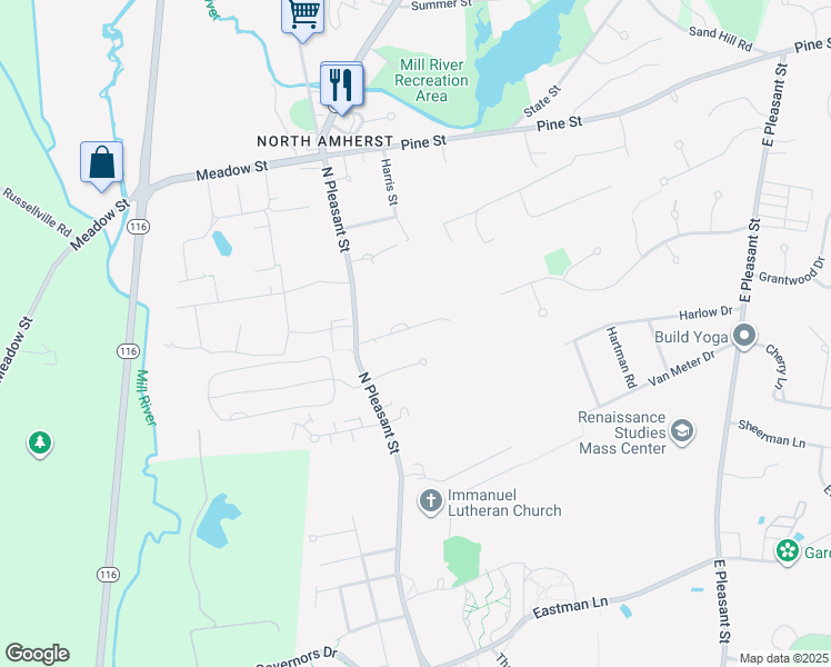 map of restaurants, bars, coffee shops, grocery stores, and more near 22 Hobart Lane in Amherst