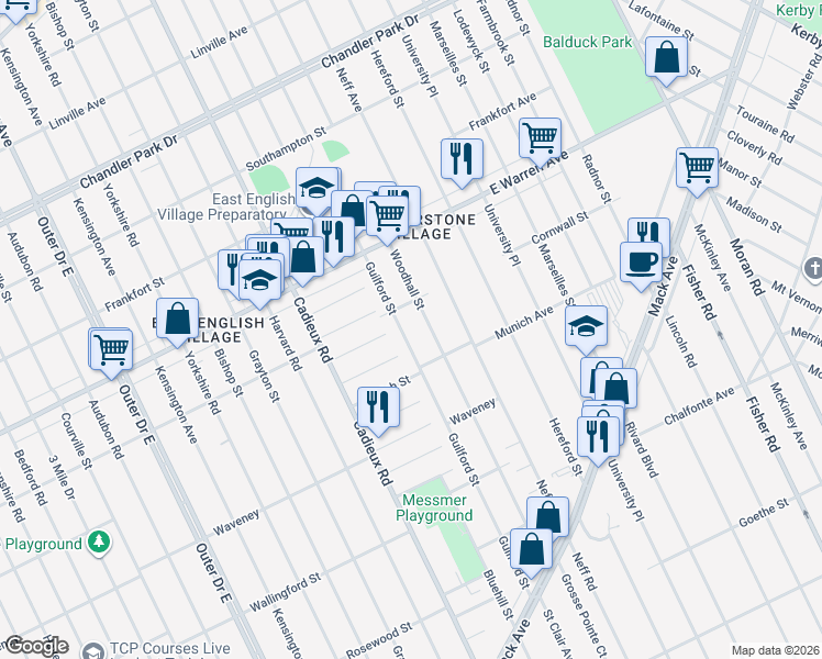map of restaurants, bars, coffee shops, grocery stores, and more near 4565 Woodhall Street in Detroit