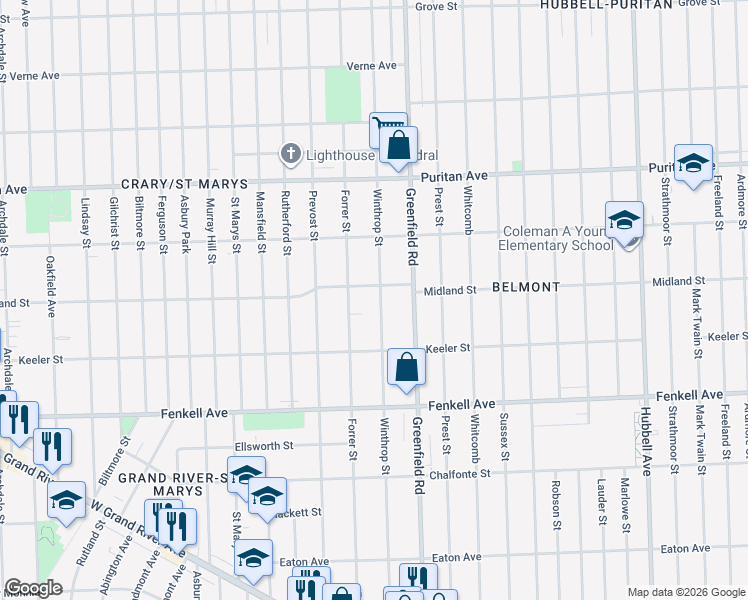 map of restaurants, bars, coffee shops, grocery stores, and more near 15525 Winthrop Street in Detroit