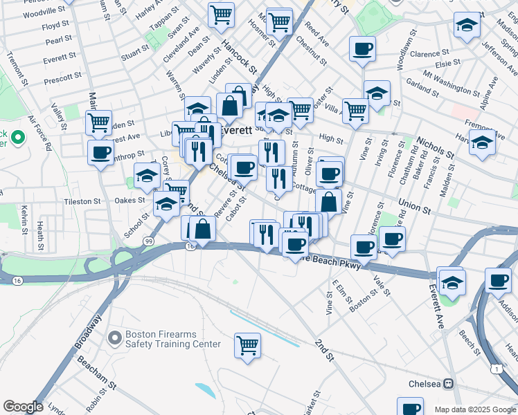 map of restaurants, bars, coffee shops, grocery stores, and more near 3 Spring Street in Everett