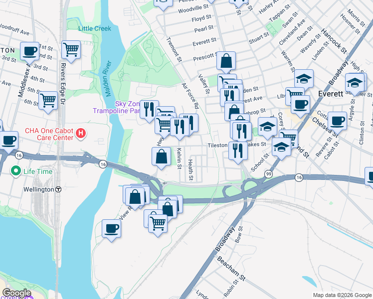 map of restaurants, bars, coffee shops, grocery stores, and more near in Everett