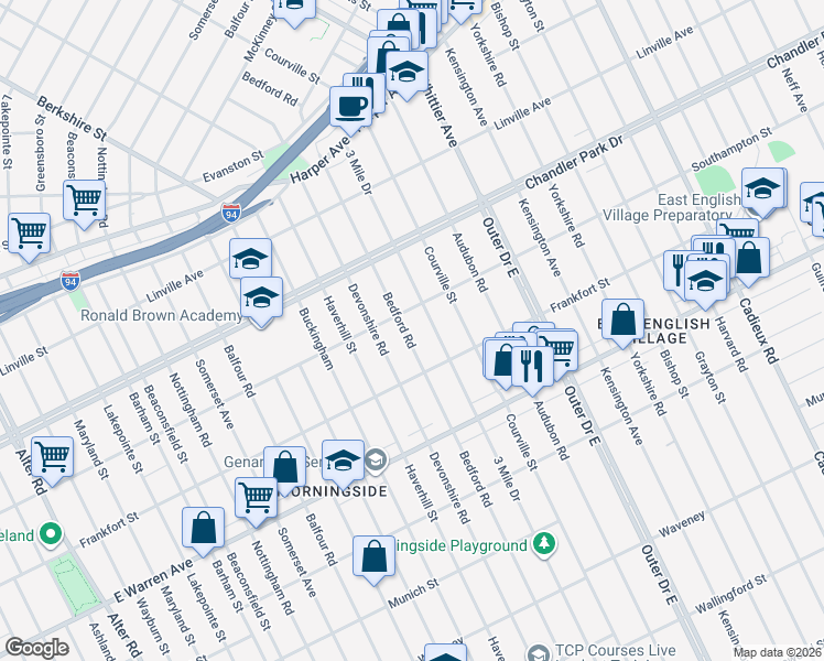 map of restaurants, bars, coffee shops, grocery stores, and more near 5284 Bedford Street in Detroit