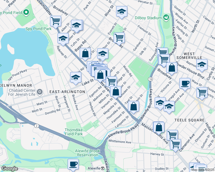 map of restaurants, bars, coffee shops, grocery stores, and more near 155 Massachusetts Avenue in Arlington