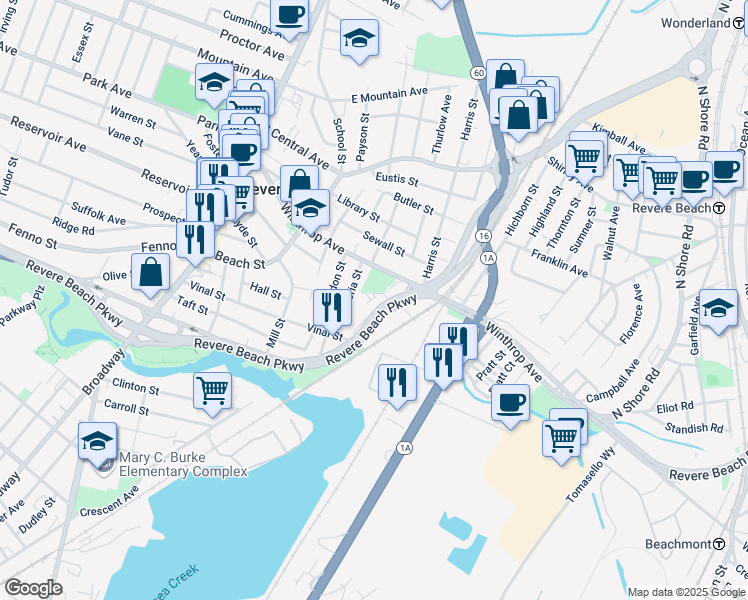 map of restaurants, bars, coffee shops, grocery stores, and more near 595 Revere Beach Parkway in Revere