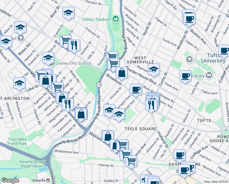 map of restaurants, bars, coffee shops, grocery stores, and more near 18 Victoria Street in Somerville