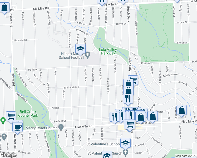 map of restaurants, bars, coffee shops, grocery stores, and more near 15853 Kinloch in Redford Charter Township