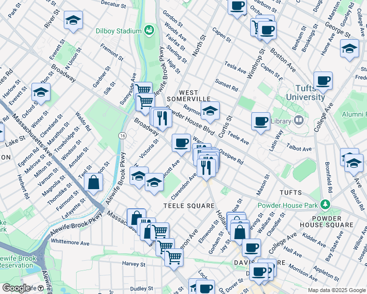 map of restaurants, bars, coffee shops, grocery stores, and more near 14 Watson Street in Somerville