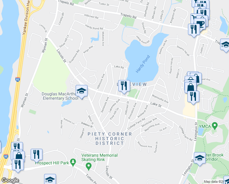 map of restaurants, bars, coffee shops, grocery stores, and more near 10 Lakeview Terrace in Waltham