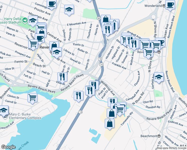 map of restaurants, bars, coffee shops, grocery stores, and more near 509 Massachusetts 145 in Revere