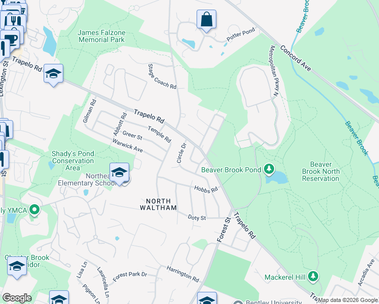 map of restaurants, bars, coffee shops, grocery stores, and more near 15 Coolidge Avenue in Waltham