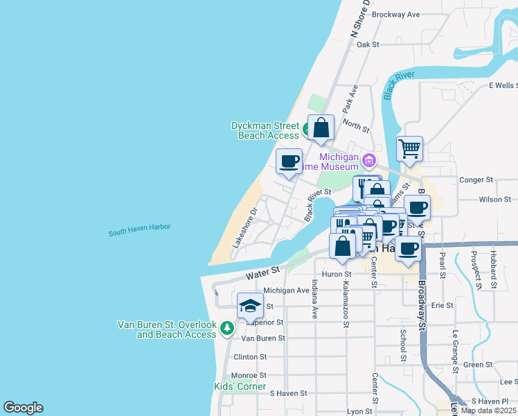 map of restaurants, bars, coffee shops, grocery stores, and more near 58 Lakeshore Drive in South Haven