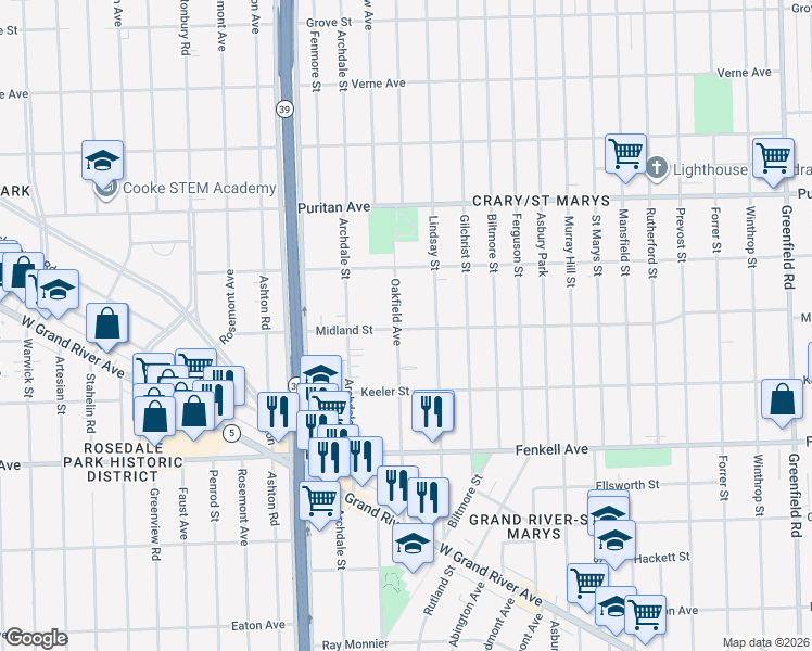 map of restaurants, bars, coffee shops, grocery stores, and more near 15700 Oakfield Avenue in Detroit