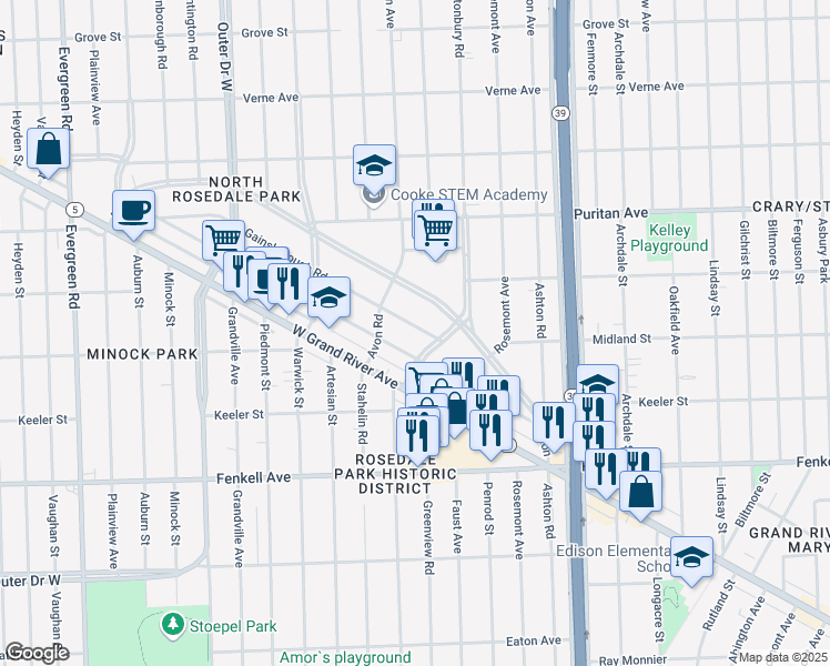 map of restaurants, bars, coffee shops, grocery stores, and more near 18645 Gainsborough Road in Detroit