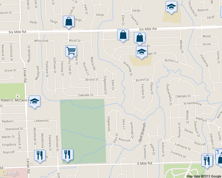 map of restaurants, bars, coffee shops, grocery stores, and more near 16213 Ellen Dr in Livonia