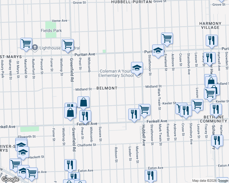 map of restaurants, bars, coffee shops, grocery stores, and more near 15501 Robson Street in Detroit