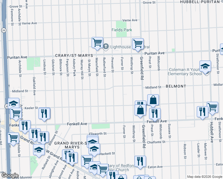 map of restaurants, bars, coffee shops, grocery stores, and more near 15525 Prevost Street in Detroit