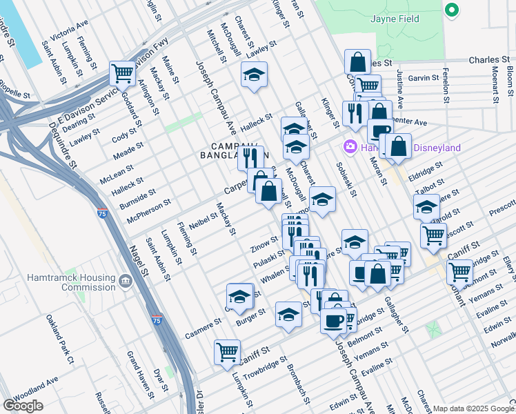 map of restaurants, bars, coffee shops, grocery stores, and more near 2697 Botsford Street in Hamtramck