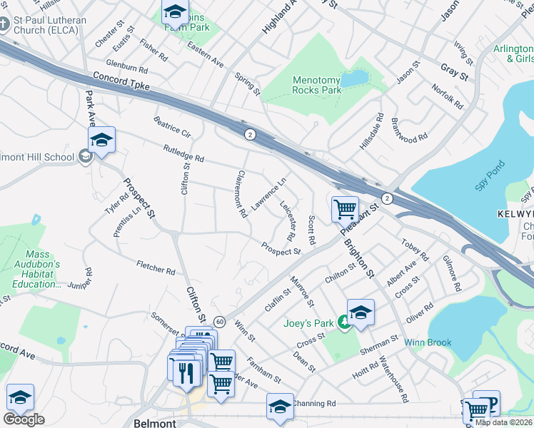 map of restaurants, bars, coffee shops, grocery stores, and more near 17 Ivy Road in Belmont