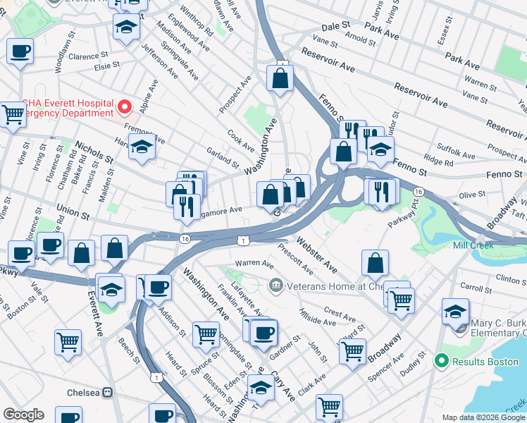 map of restaurants, bars, coffee shops, grocery stores, and more near 6 Jones Avenue in Chelsea
