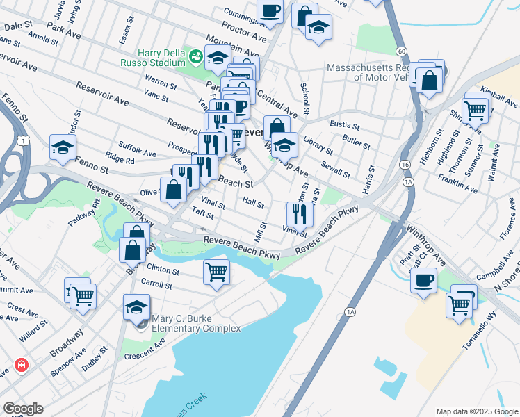 map of restaurants, bars, coffee shops, grocery stores, and more near 41 Hall Street in Revere