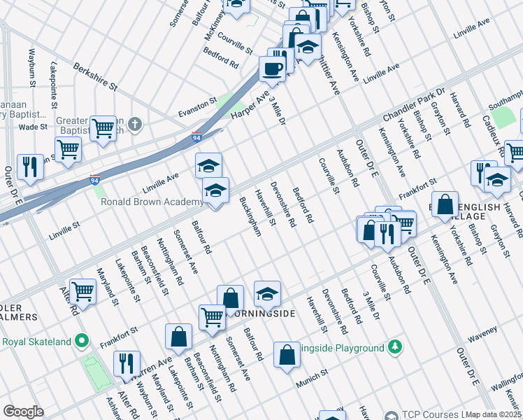 map of restaurants, bars, coffee shops, grocery stores, and more near 5525 Haverhill Street in Detroit