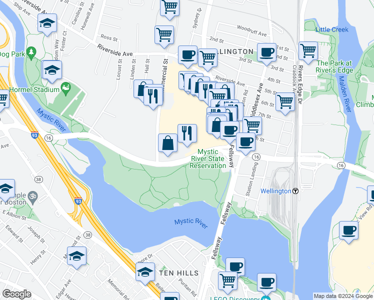 map of restaurants, bars, coffee shops, grocery stores, and more near 4060 Mystic Valley Parkway in Medford