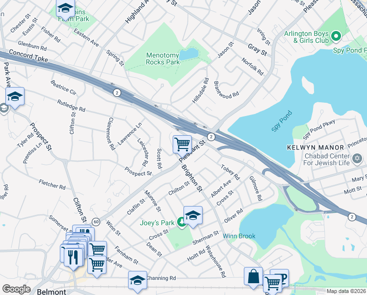 map of restaurants, bars, coffee shops, grocery stores, and more near 57 Simmons Avenue in Belmont